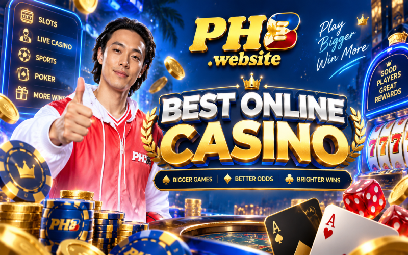 PH8 online casino graphic with casino games and playing cards