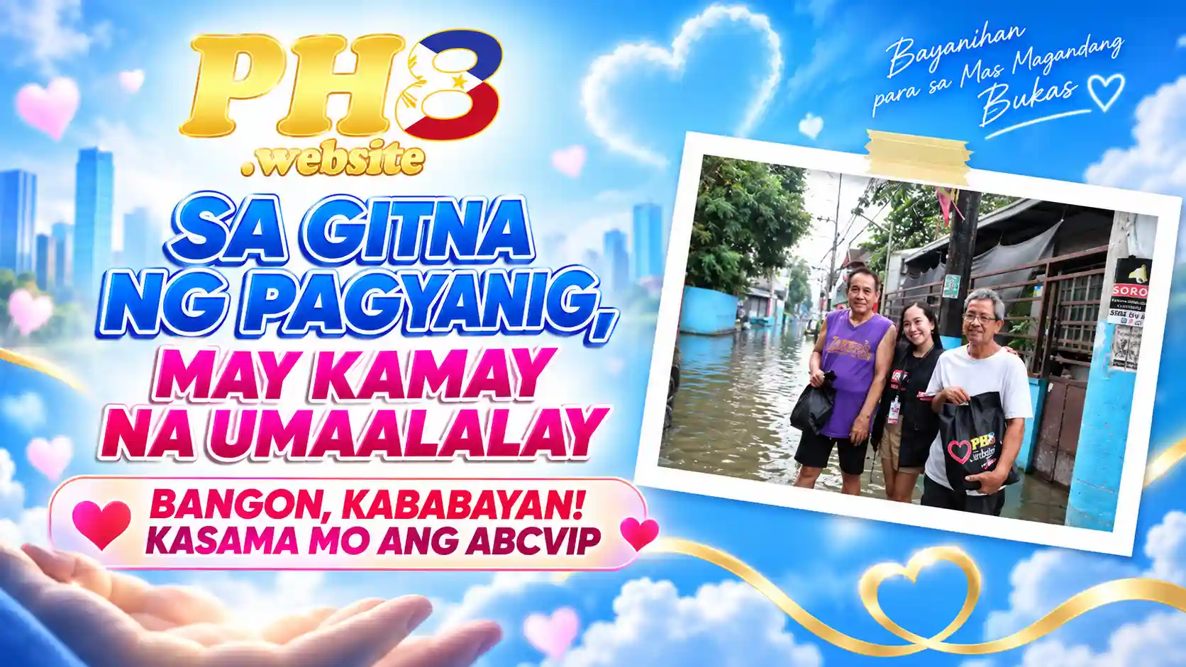 PH8 and ABCVIP community-support graphic showing three people in a flooded residential area