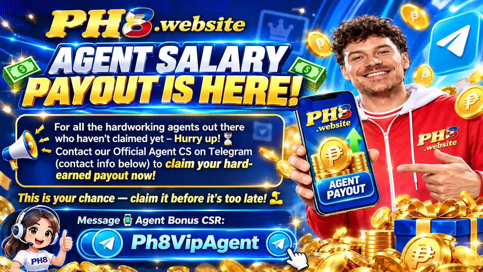 PH8 promotion showing agent salary and other advertised bonus amounts