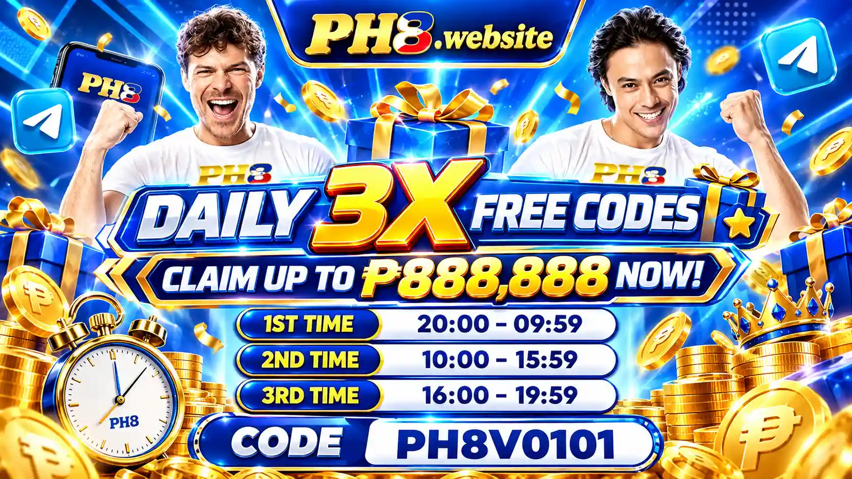 PH8 daily free codes promotional graphic with scheduled claim times