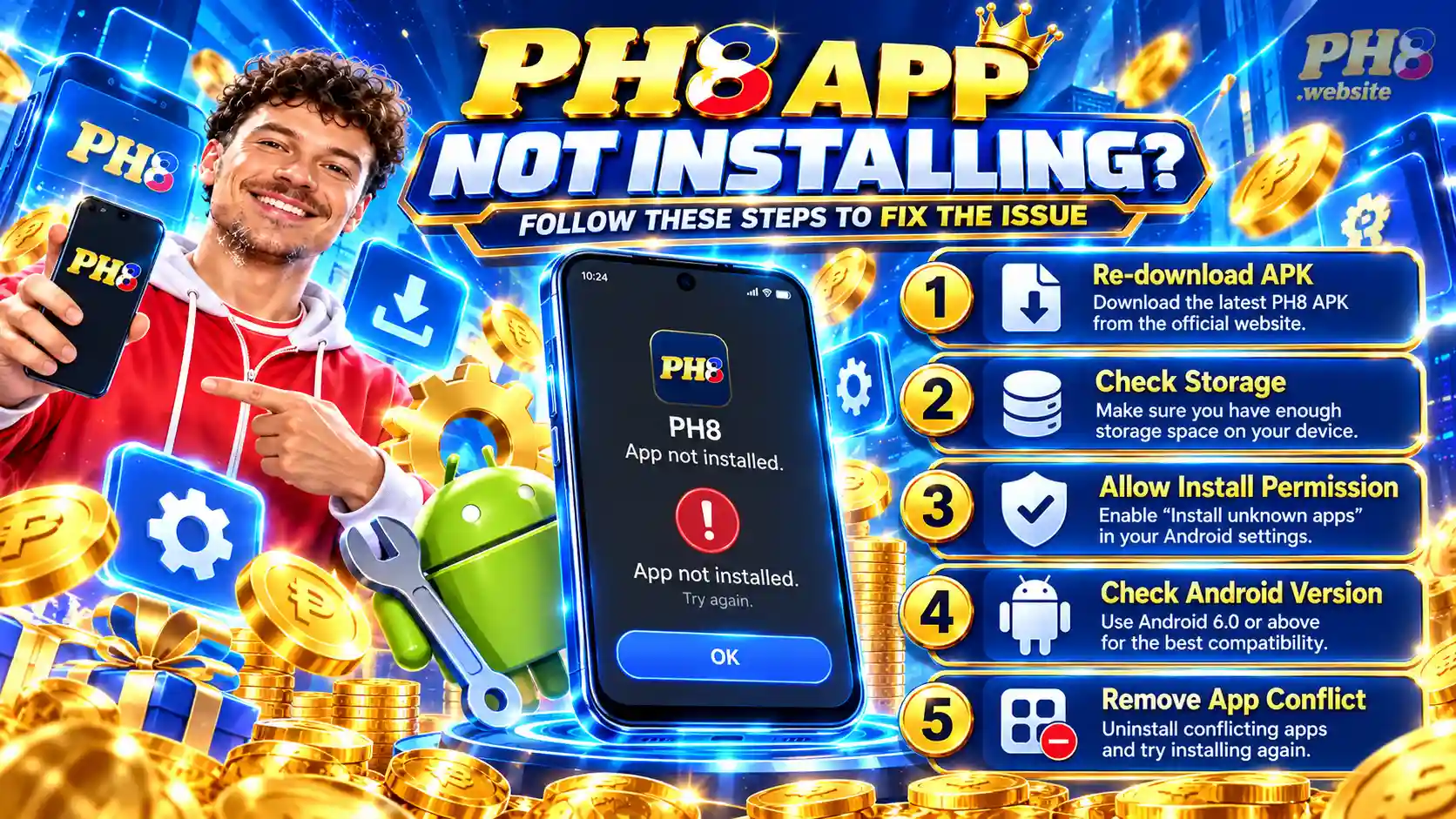 PH8 APK installation stages including download, install and login