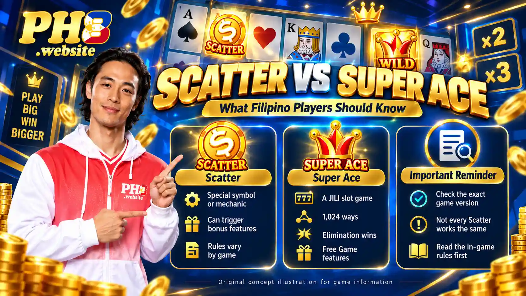 Scatter symbol mechanics and Super Ace game features illustration